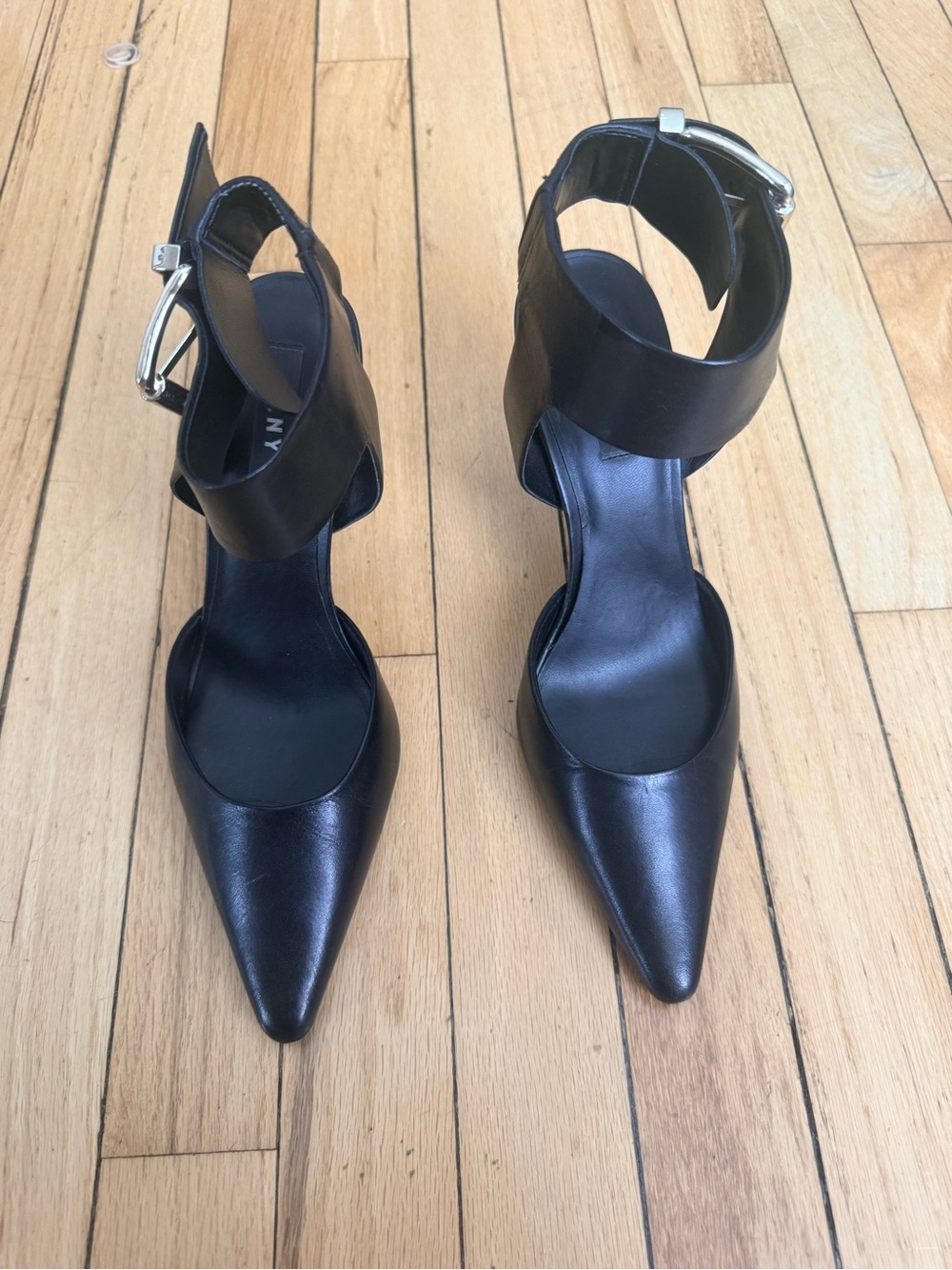 DKNY Black Pointed-Toe Ankle Strap Heels